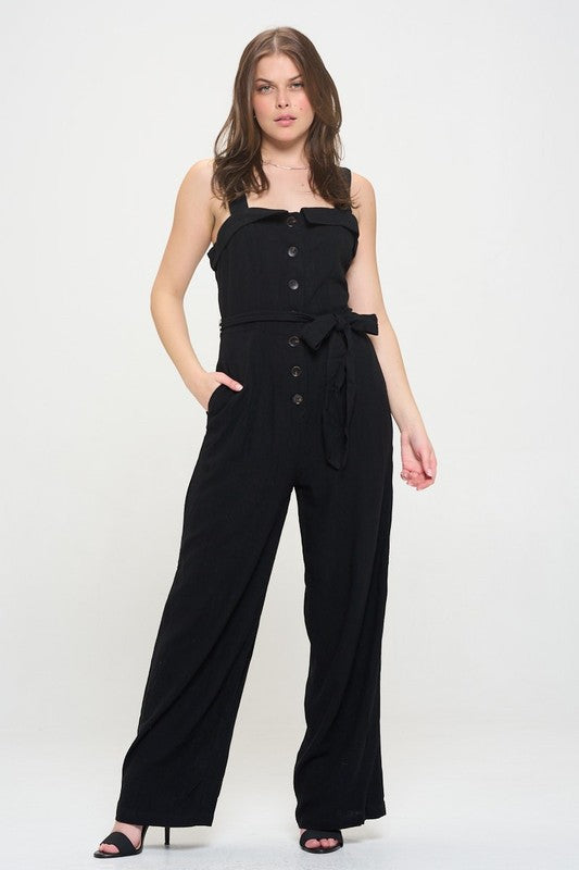 SLEEVELESS ADJUSTABLE STRAP BUTTON DOWN JUMPSUIT