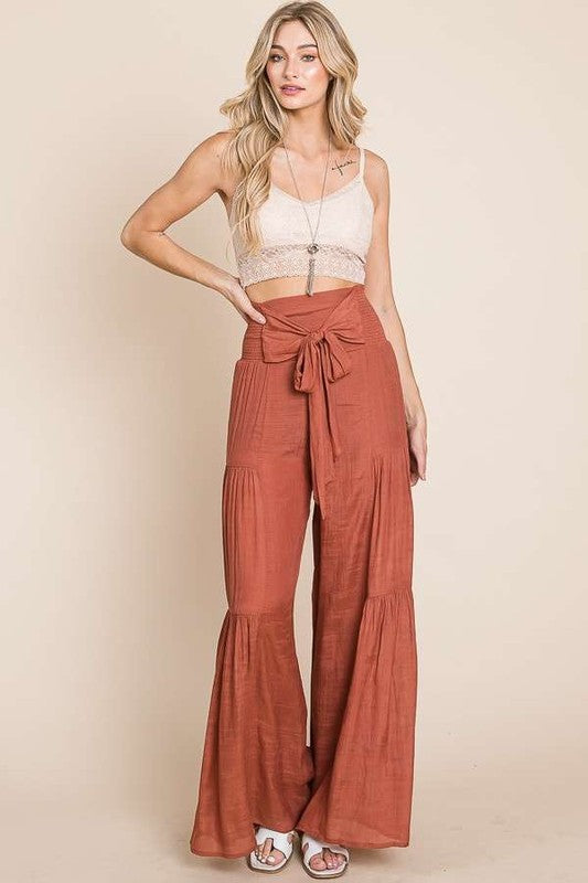 Plus Tie Front Ruched Waist Back Pants