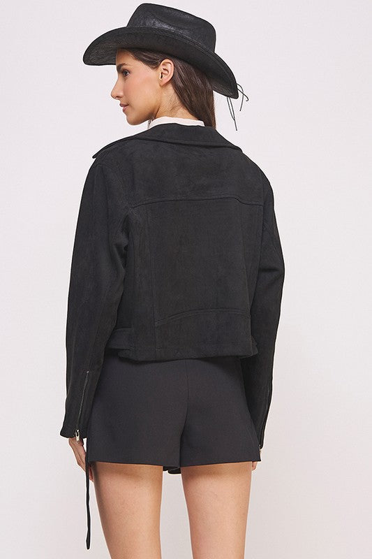 BELTED LONG SLEEVE ZIPPERED SUEDE MOTO JACKET