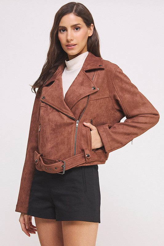 BELTED LONG SLEEVE ZIPPERED SUEDE MOTO JACKET