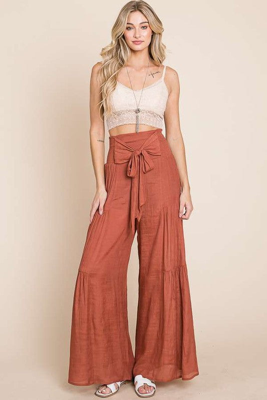 Plus Tie Front Ruched Waist Back Pants