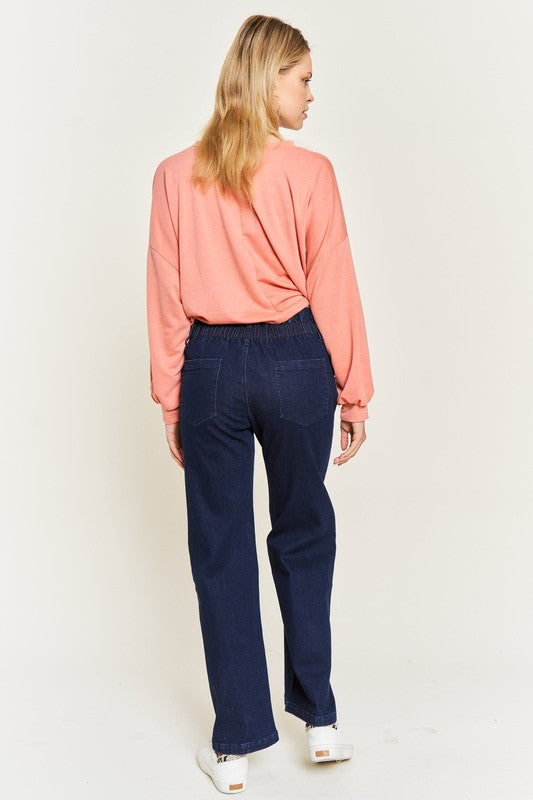 PLUS HIGH WAISTED BUTTON WIDE LEG JEANS