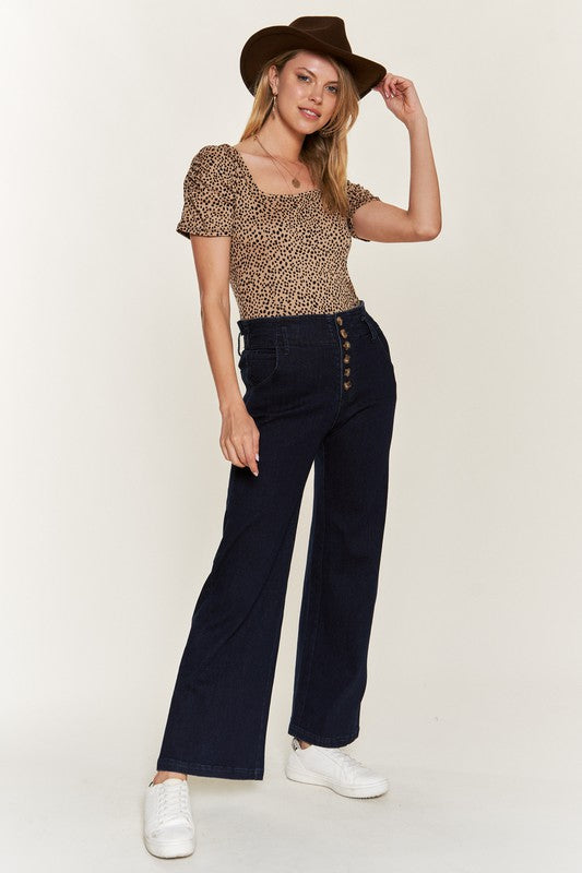 PLUS HIGH WAISTED BUTTON WIDE LEG JEANS