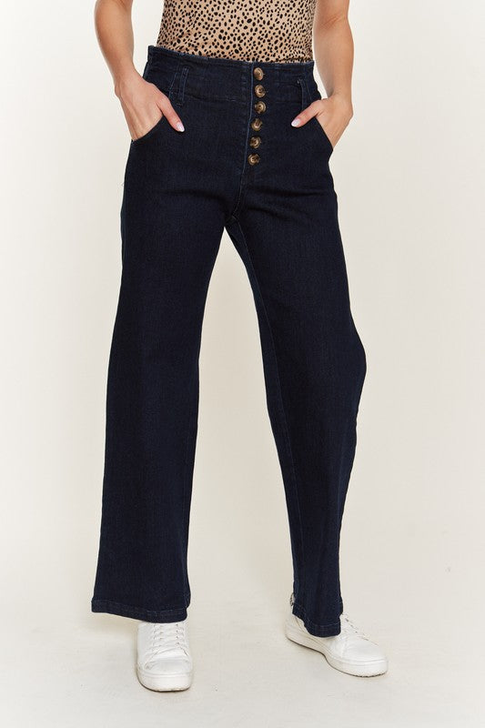 PLUS HIGH WAISTED BUTTON WIDE LEG JEANS