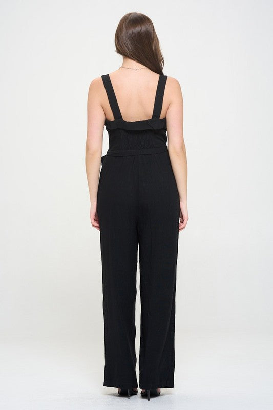 SLEEVELESS ADJUSTABLE STRAP BUTTON DOWN JUMPSUIT