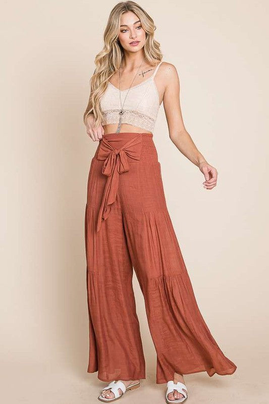 Plus Tie Front Ruched Waist Back Pants